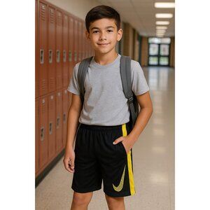 Nike Boys L Dri-Fit Black Yellow Athletic Shorts Swoosh Logo Missing Drawstring